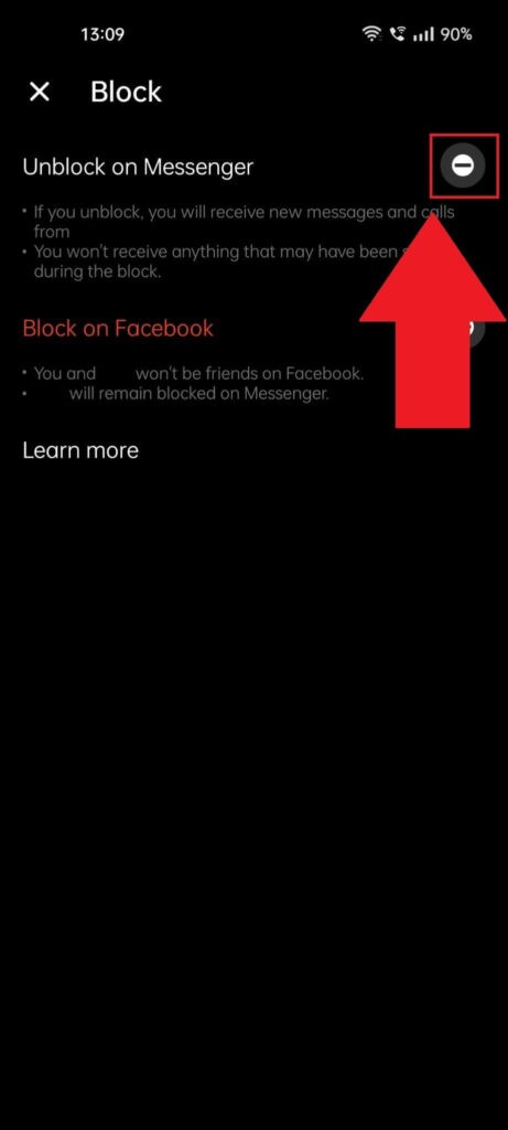 Messenger "Block" page showing the "Unblock on Messenger" option highlighted in red