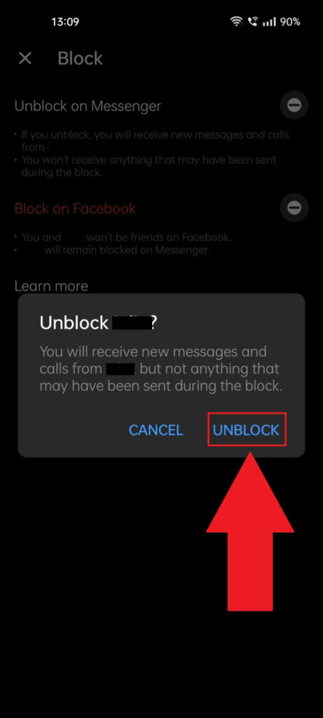 Snapchat notification window showing the "Unblock" option highlighted in red