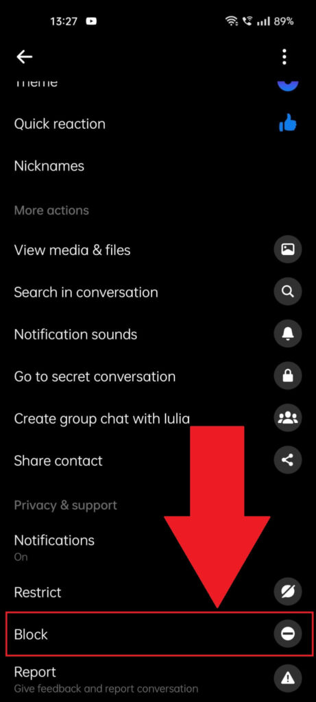 Messenger chat settings showing the "Block" option highlighted in red