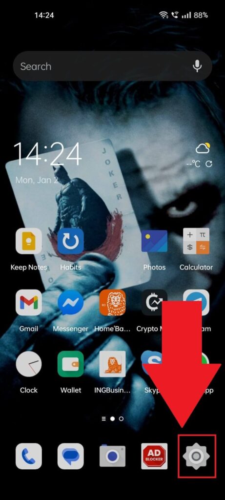 Android background showing the Gear icon highlighted in the bottom-right corner
