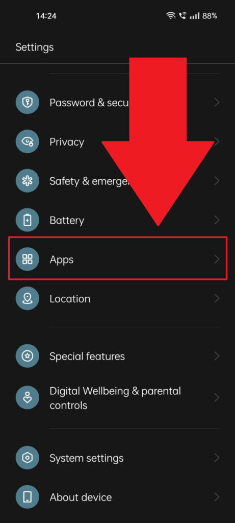 Android settings where the "Apps" option is highlighted in red