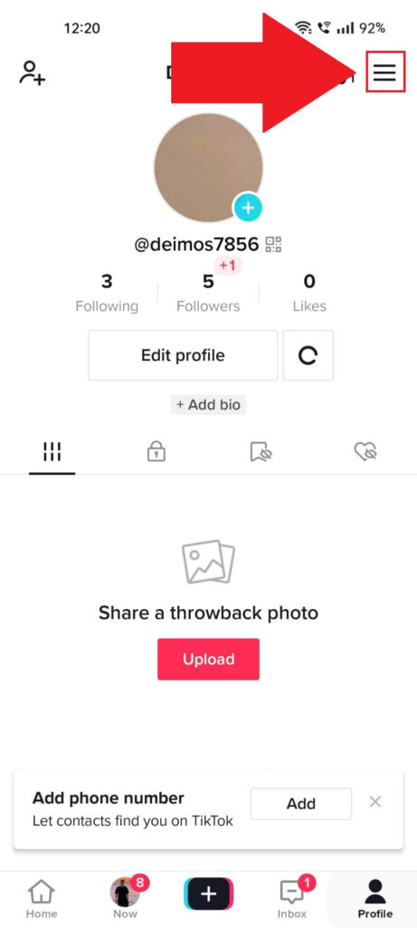 TikTok profile page showing the Menu icon highlighted in the top-right corner