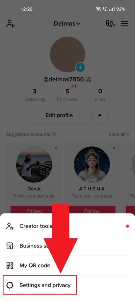 TikTok profile page showing the "Settings and privacy" option highlighted in the menu at the bottom of the page