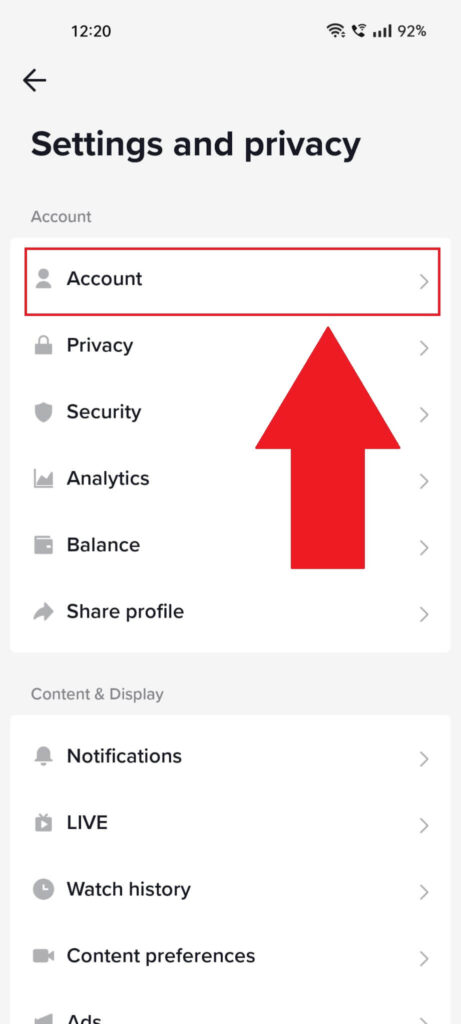 TikTok "Settings and privacy" page where the "Account" option is highlighted in red