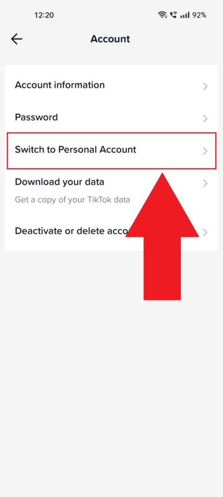 TikTok "Account" settings page where the "Switch to Personal Account" option is highlighted in red