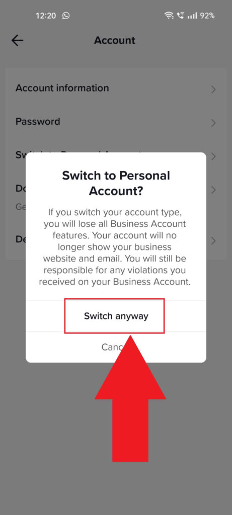 TikTok notification window showing the "Switch anyway" button highlighted in red