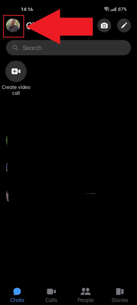 Facebook Messenger "Chats" page showing your profile picture in the top-left corner of the screen