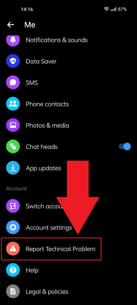 Facebook Messenger profile settings where the "Report Technical Problem" option is highlighted in red