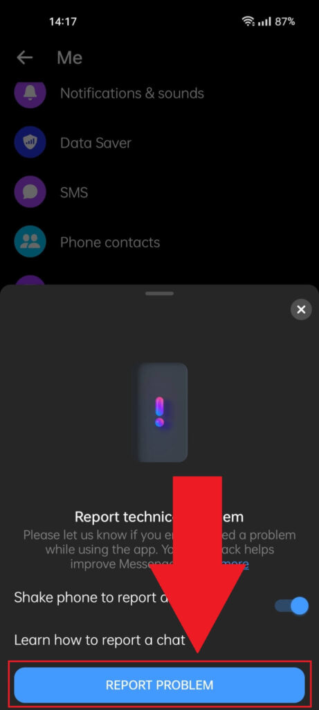 Messenger notification showing the "Report problem" option highlighted in red