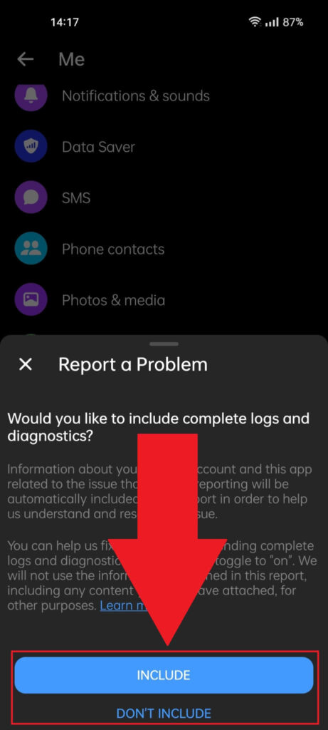 Messenger "Report a Problem" notification where the "Include/Don't Include" buttons are highlighted