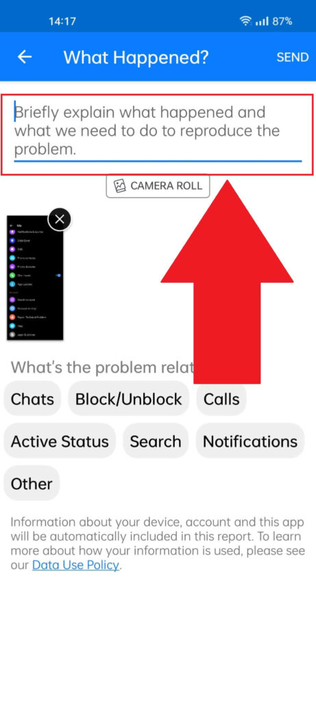 Messenger Report page highlighting the text field where you can explain your issue