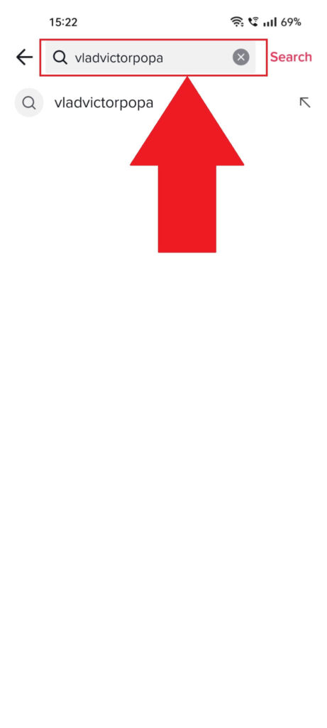 TikTok search page showing a username typed in the search box