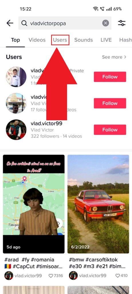 TikTok search results showing the "Option" category selected