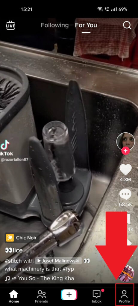 TikTok feed showing the "Profile" icon highlighted in red