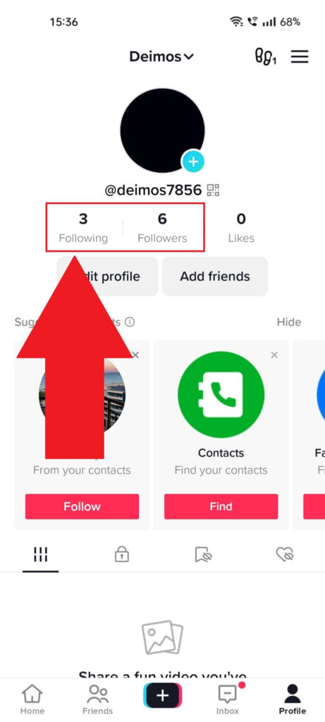 TikTok profile page showing the "Following/Followers" options highlighted in red