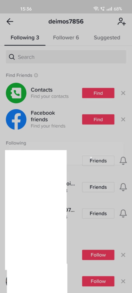 TikTok "Following" page