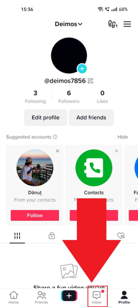 TikTok profile page showing the "Inbox" option highlighted in red