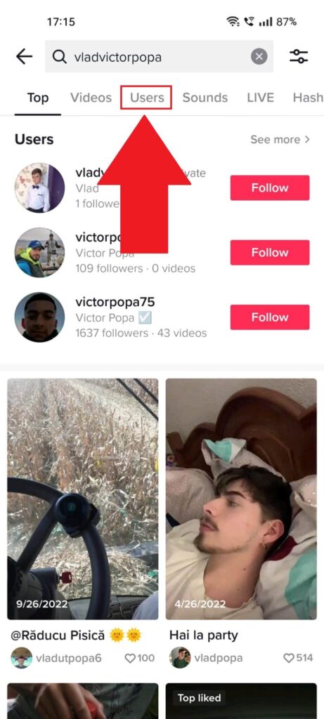 TikTok search results show the "Users" tab at the top, highlighted in red.