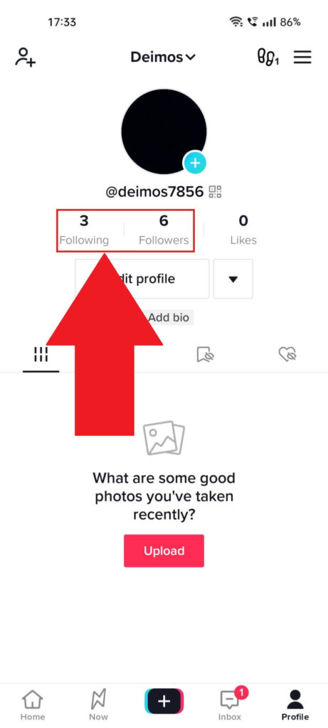 TikTok profile page showing the "Following" and "Followers" options highlighted