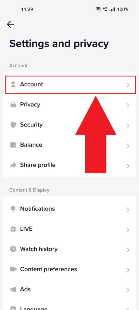 "Settings and privacy" page on TikTok, with the "Account" option highlighted in red