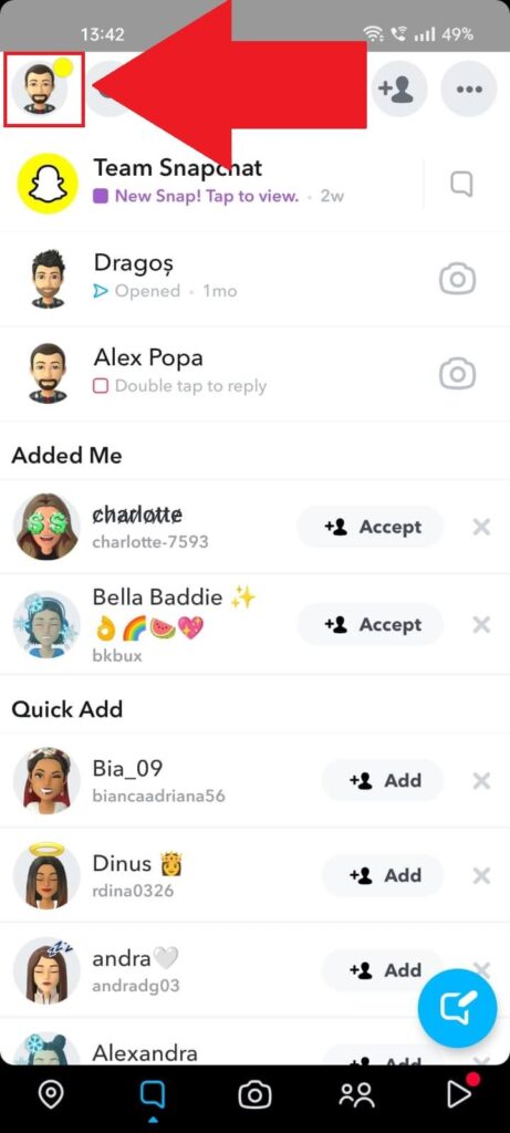Snapchat Chats page showing the profile picture highlighted in the top-left corner