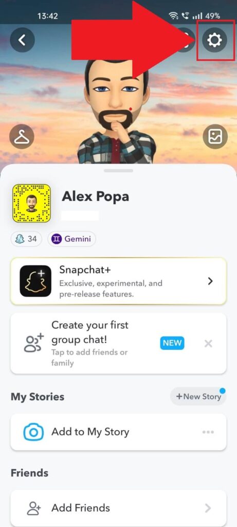 Snapchat profile page showing the Gear icon highlighted in red