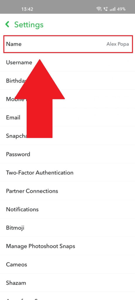 Snapchat settings page where the "Name" option is highlighted in red