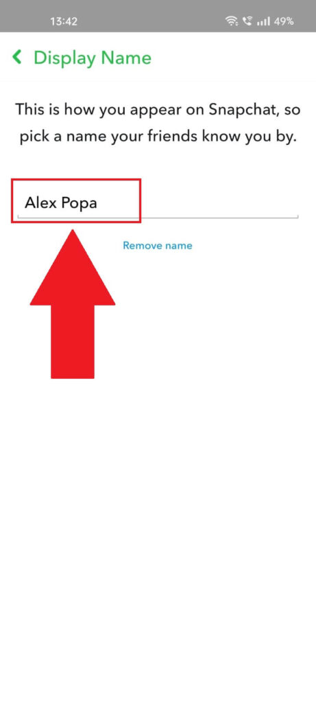 Snapchat "Display Name" page showing the name box highlighted in red