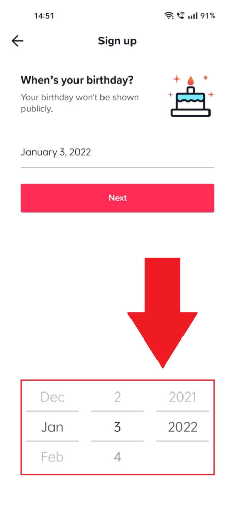TikTok "Sign up" process showing the birth date page