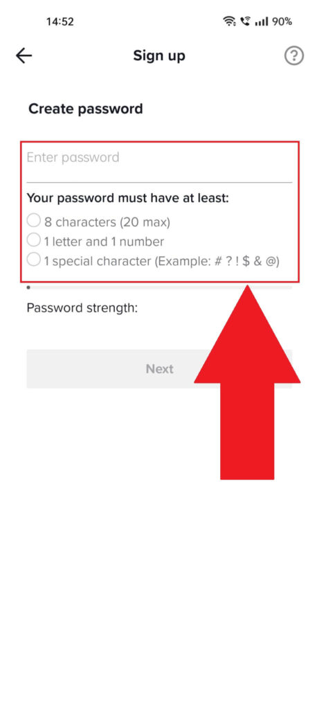 TikTok "Sign up" process showing the password page