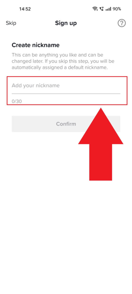 TikTok "Sign up" process showing the nickname page