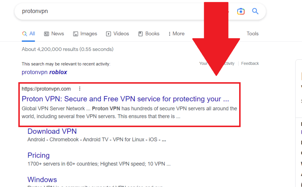 Google search results showing the ProtonVPN website highlighted in red