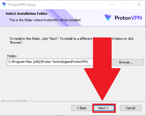 ProtonVPN installer showing the path of the installation and the "Next" button highlighted