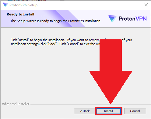 ProtonVPN installer showing the "Install" button highlighted