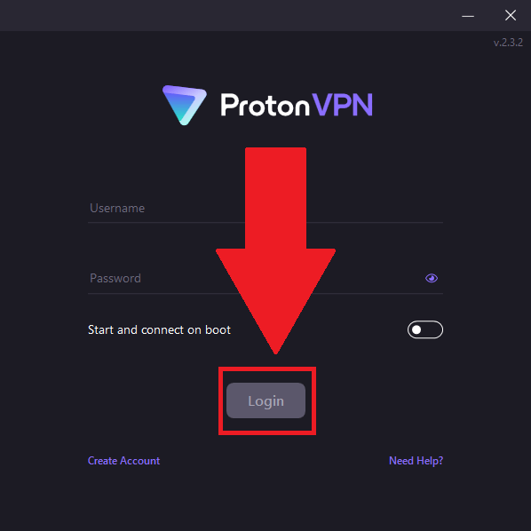ProtonVPN interface showing the login fields and the "Login" button highlighted