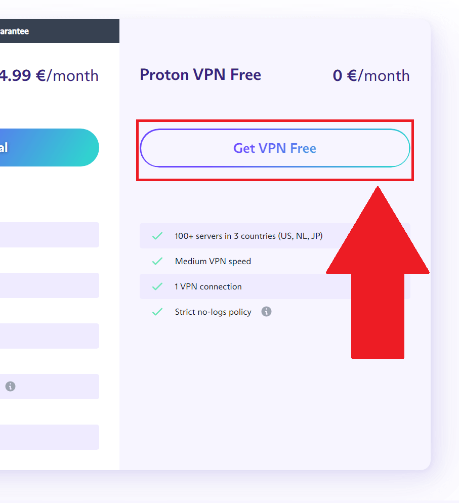 ProtonVPN website showing the "Get VPN Free" button highlighted in red