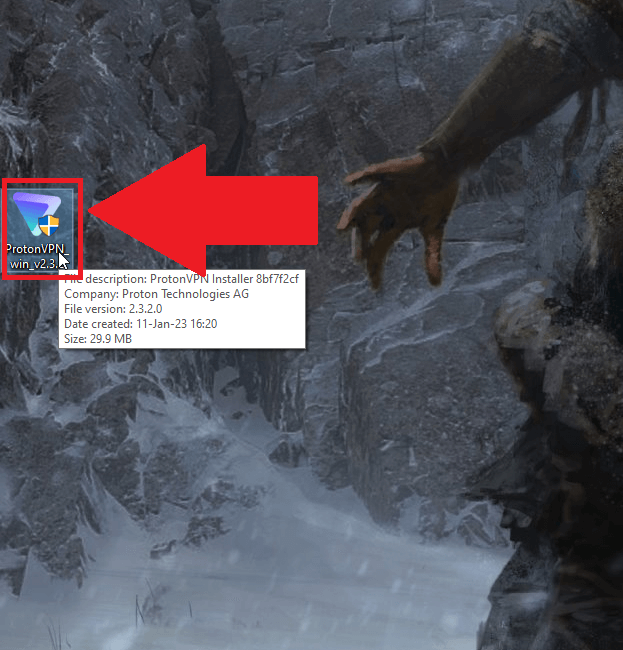 Computer desktop showing the ProtonVPN installer highlighted in red