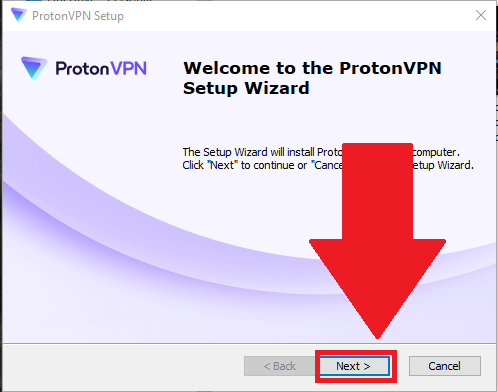 ProtonVPN installer where the "Next" button is highlighted in red