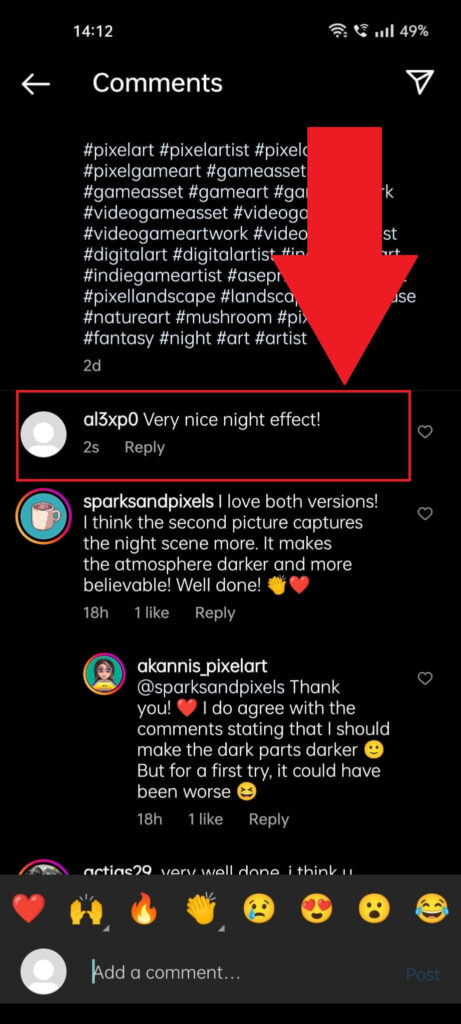 Instagram comment section showing a self-posted comment highlighted