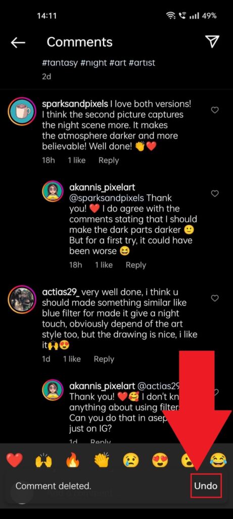 Instagram comment section showing the "Undo" button highlighted in the "Comments deleted" notification
