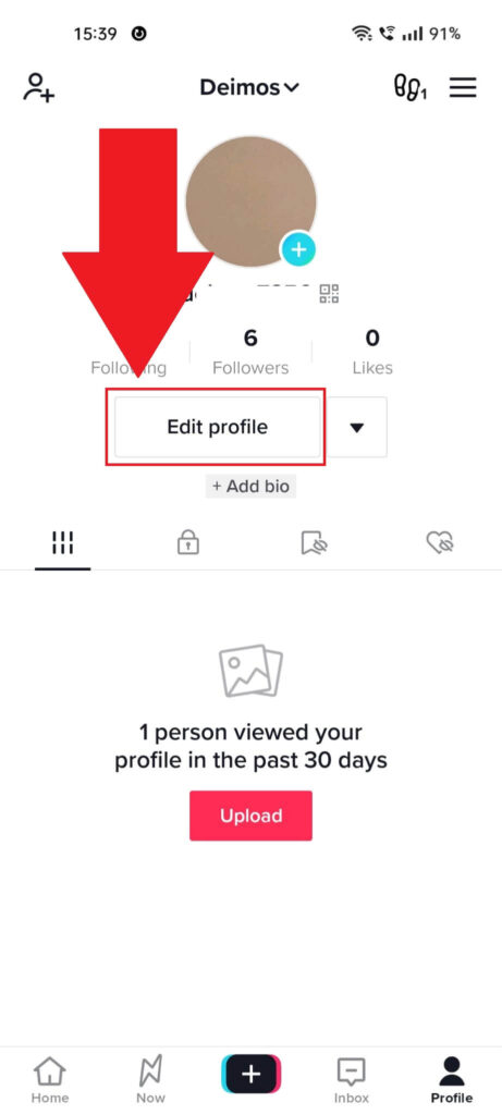 TikTok profile page where the "Edit profile" button is highlighted in red