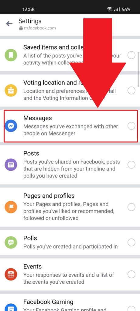 Facebook settings showing the "Messages" option highlighted in red