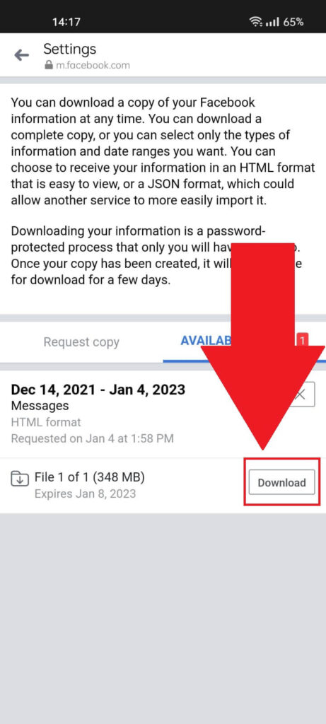 Facebook profile data page where you can see the "Download" button highlighted