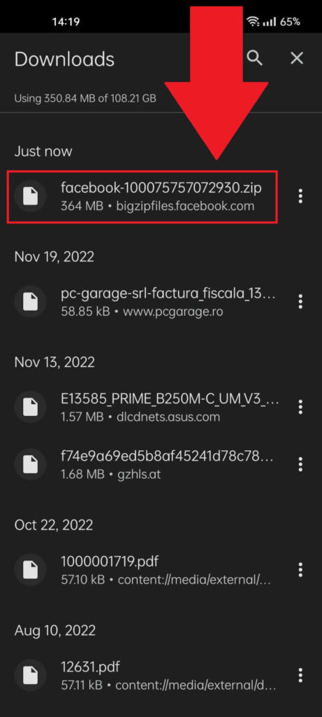 Android "Downloads" folder where you can see the Facebook data archive highlighted in red