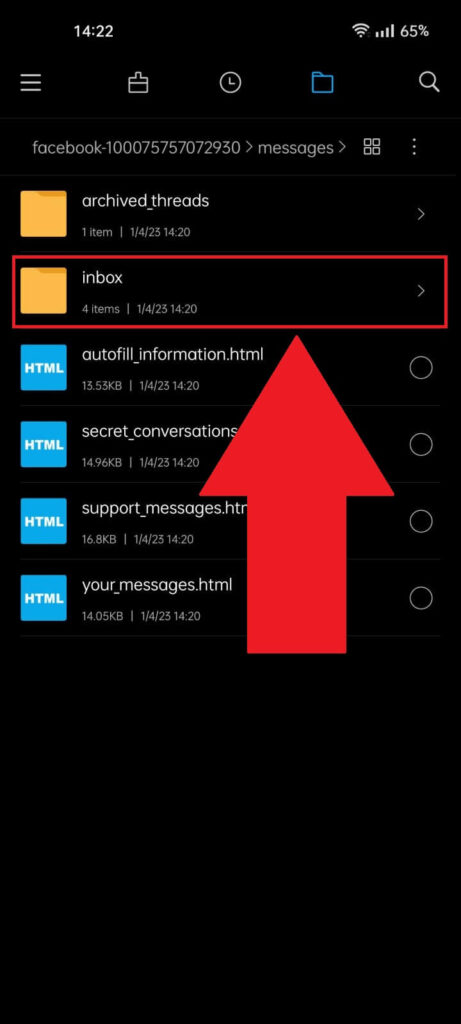 Android phone messages folder showing the "Inbox" folder highlighted