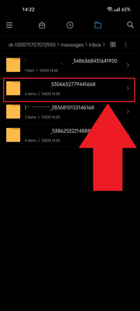 Android "inbox" folder where a Messenger friend's folder is highlighted