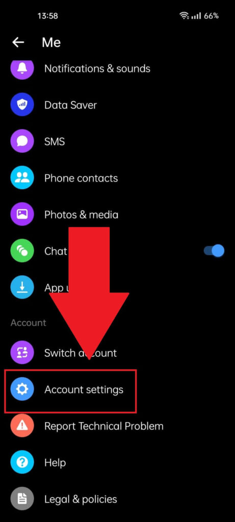 Messenger profile settings where the "Account settings" option is highlighted in red