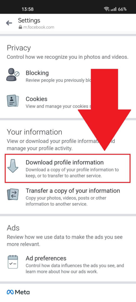 Facebook settings where the "Download profile information" option is highlighted in red