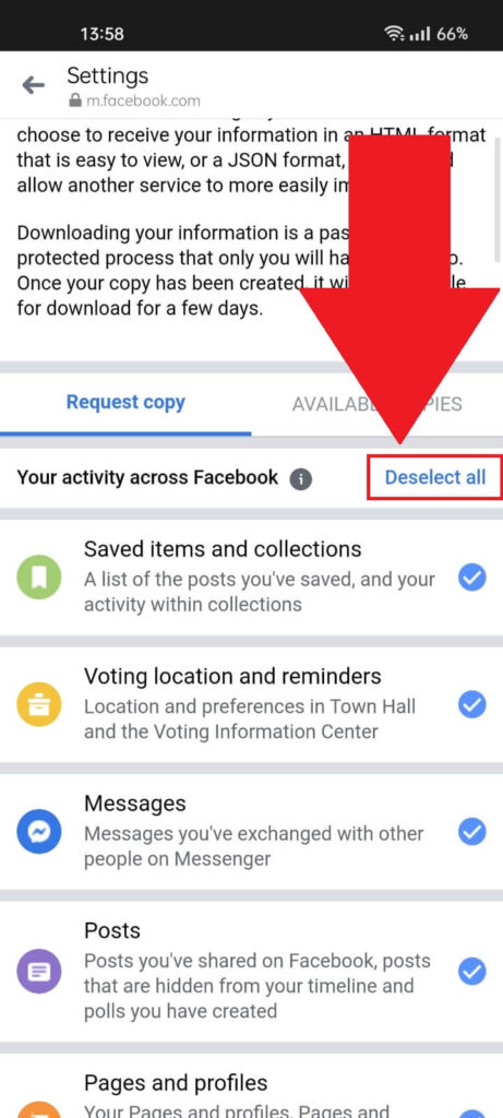 Messenger "Download profile information" page with the "Deselect all" button next to things you can download highlighted in red
