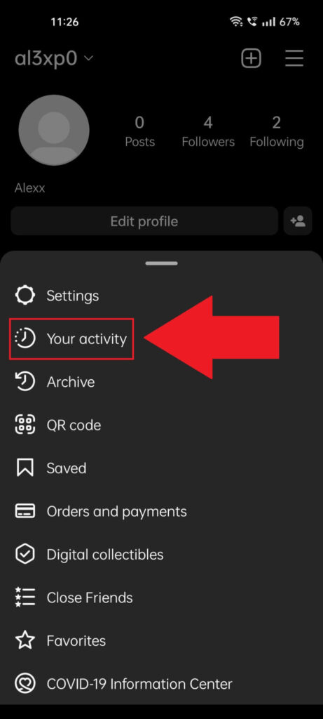 Instagram profile page showing a menu at the bottom of the page where the "Your activity" option is highlighted